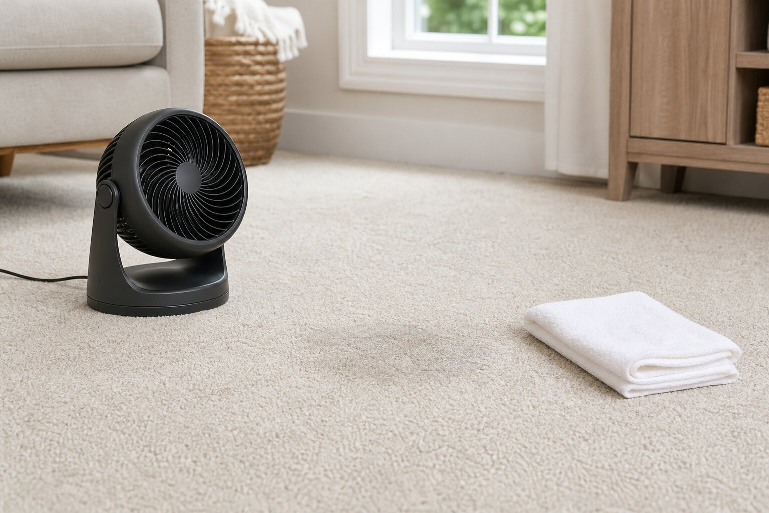 Small fan and clean white towel on a light carpet after careful spot cleaning