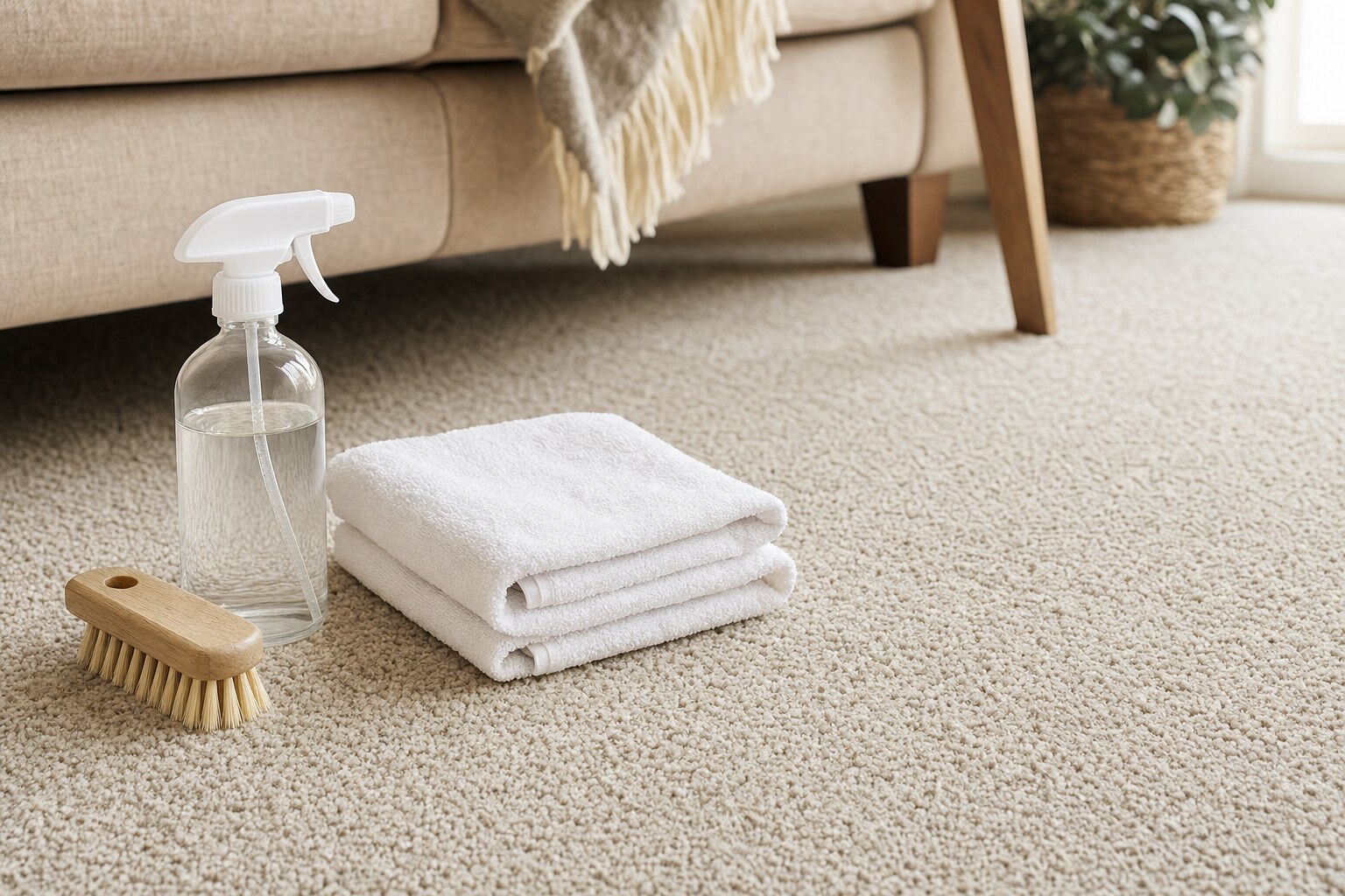 White towels and a cleaning spray bottle on a light carpet