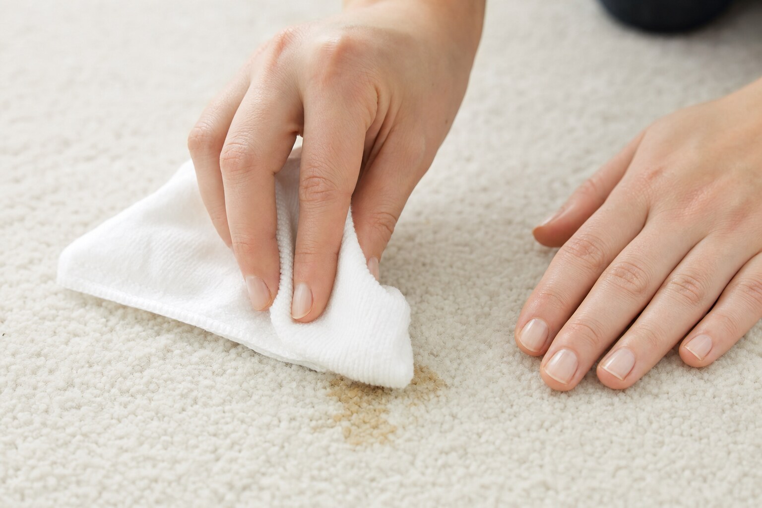 Hands blotting an old stain on light carpet with a white cloth