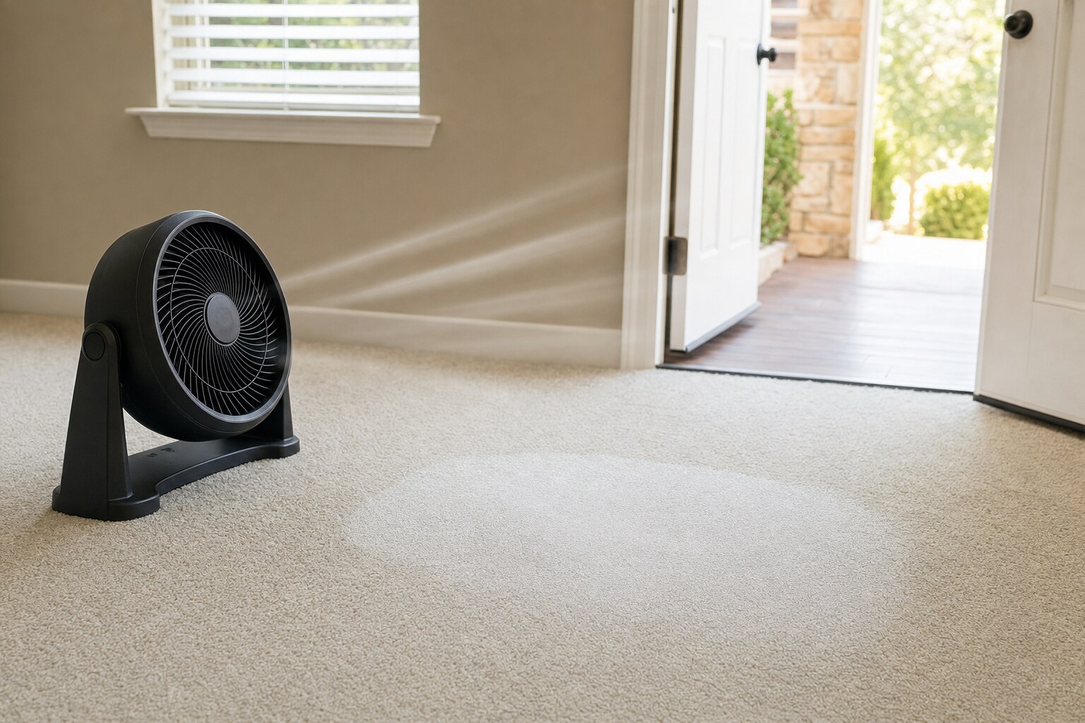 Portable fan drying a clean light carpet near an open doorway