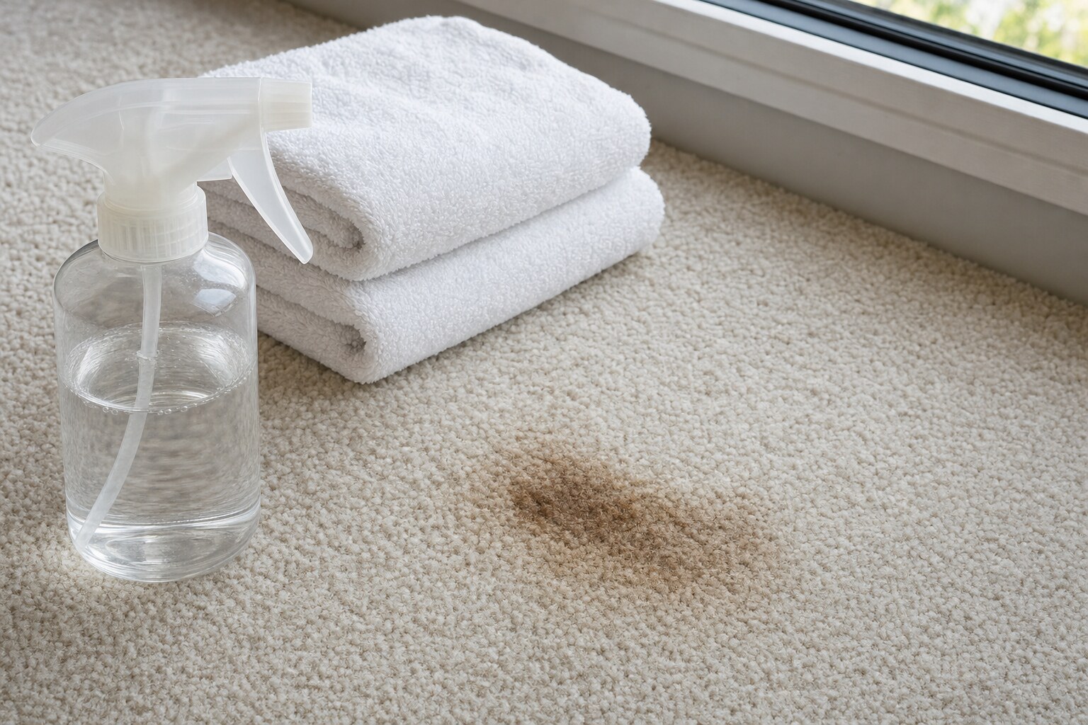 Old brown stain on a light carpet beside white towels and a spray bottle