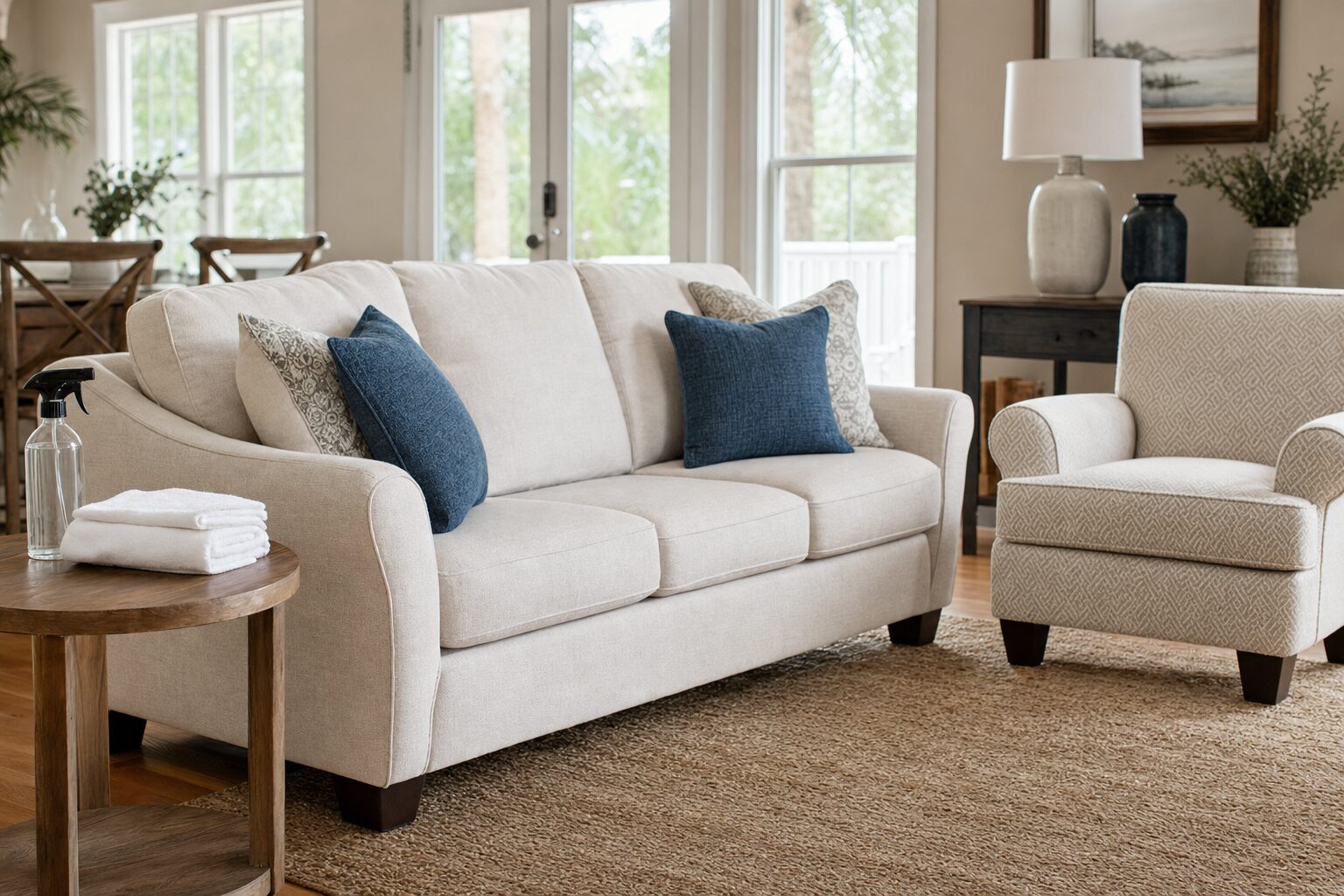 Light fabric sofa and upholstered chair in a bright living room