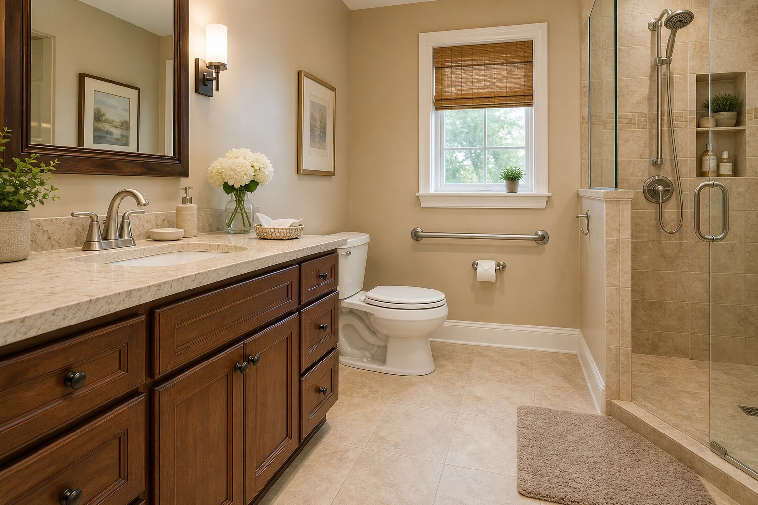 Accessible residential bathroom with clear floor space, lever faucet, and securely installed grab bar