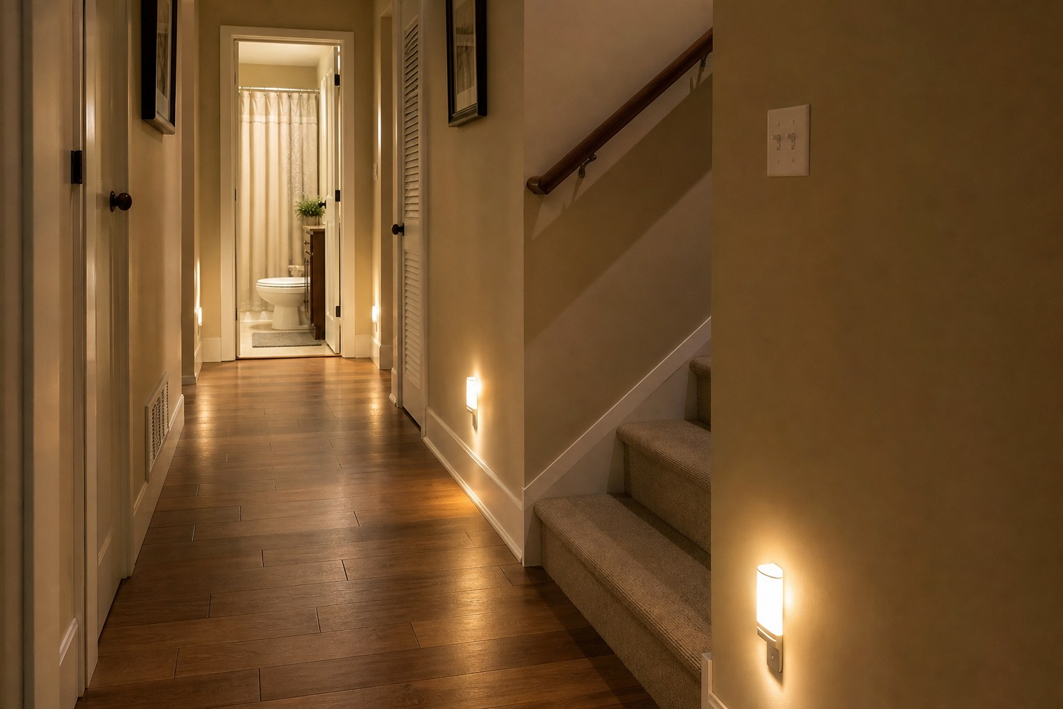 Clear, well-lit hallway leading to a bathroom with a secure stair handrail
