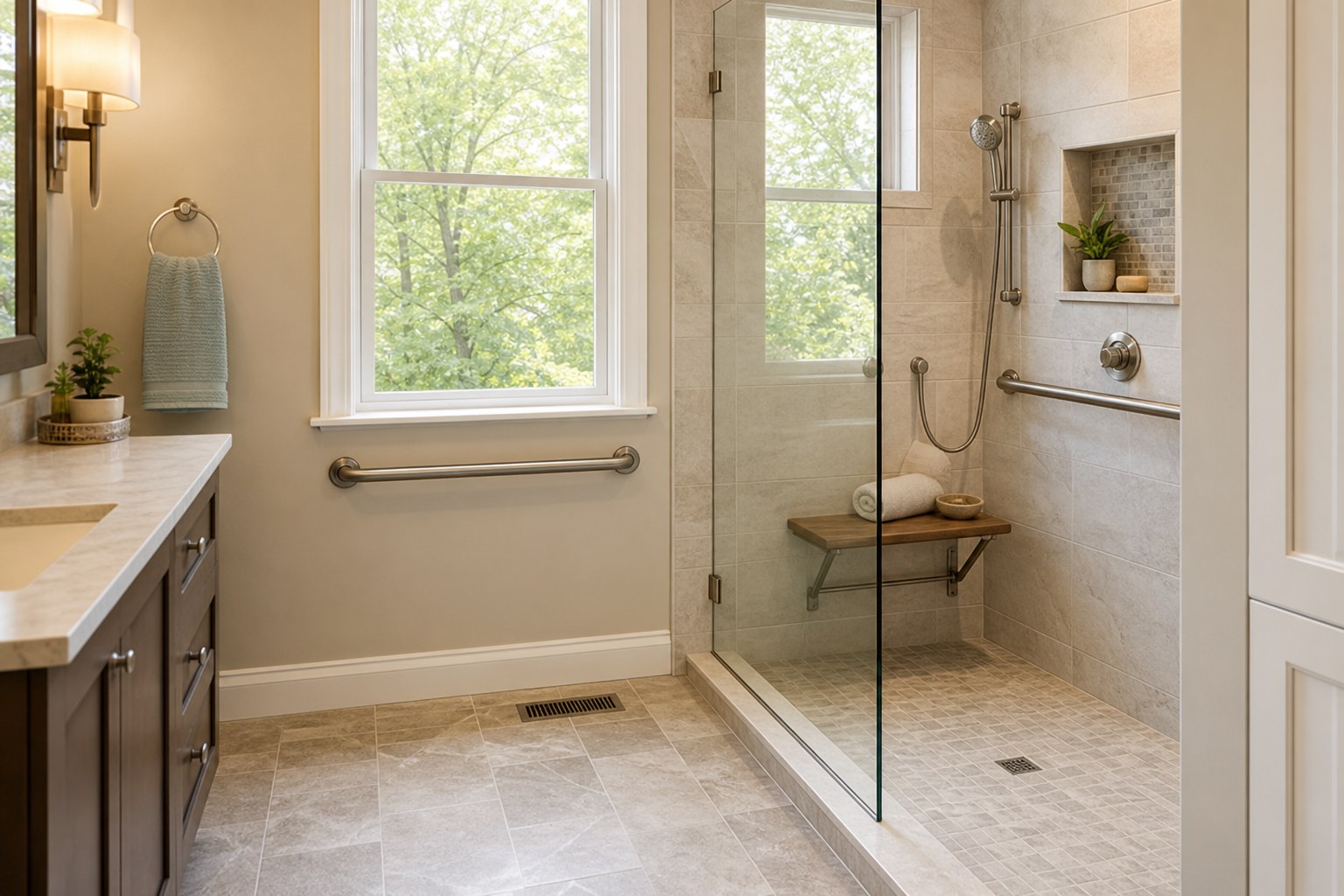 Bright residential bathroom with accessible shower, seat, and securely installed grab bars