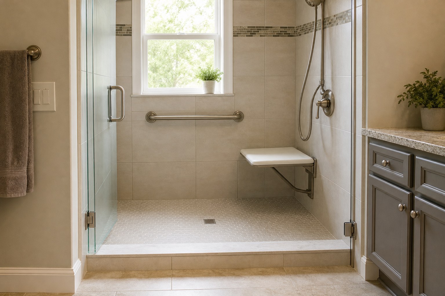 Residential shower with a fixed shower seat, handheld showerhead, and secure grab bar