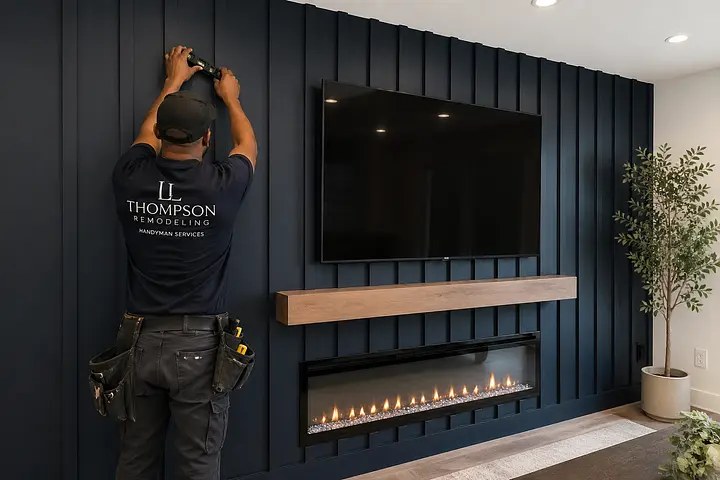 Craftsperson installing a dark fireplace feature wall