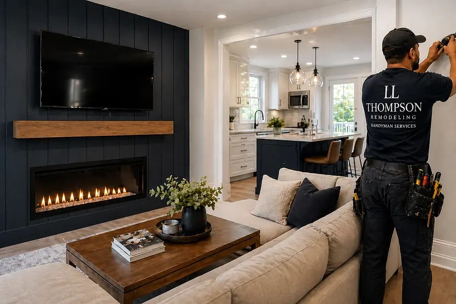 Finished living room with a dark fireplace wall and warm wood details