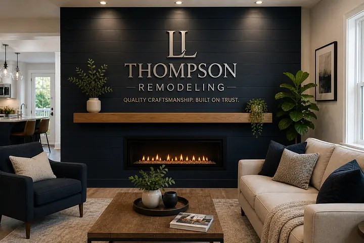 Dark blue fireplace wall under installation
