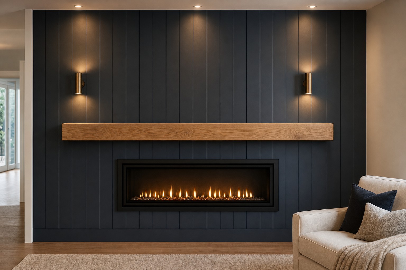 Design inspiration: navy panelling, an oak mantel, and a linear fireplace