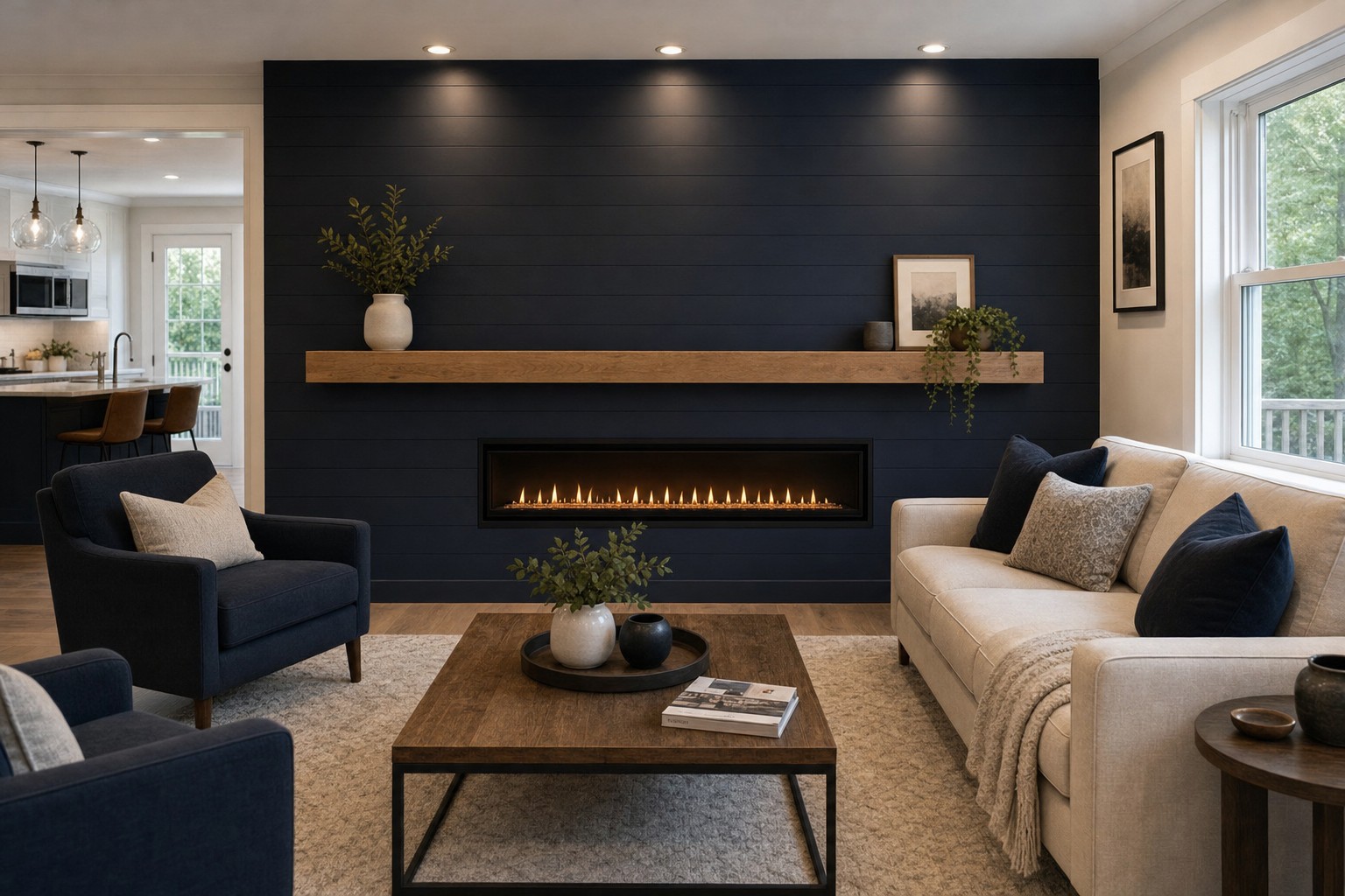 Design inspiration: navy fireplace feature wall with an oak mantel and ivory seating