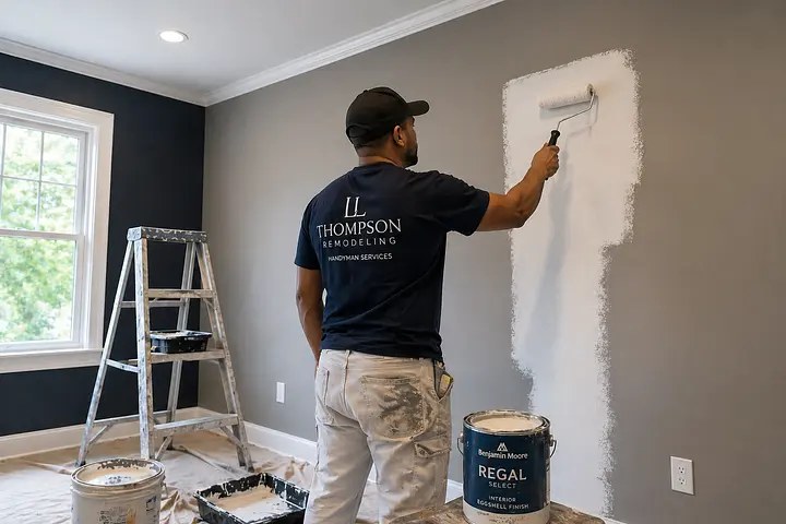 Painter carefully finishing an interior wall