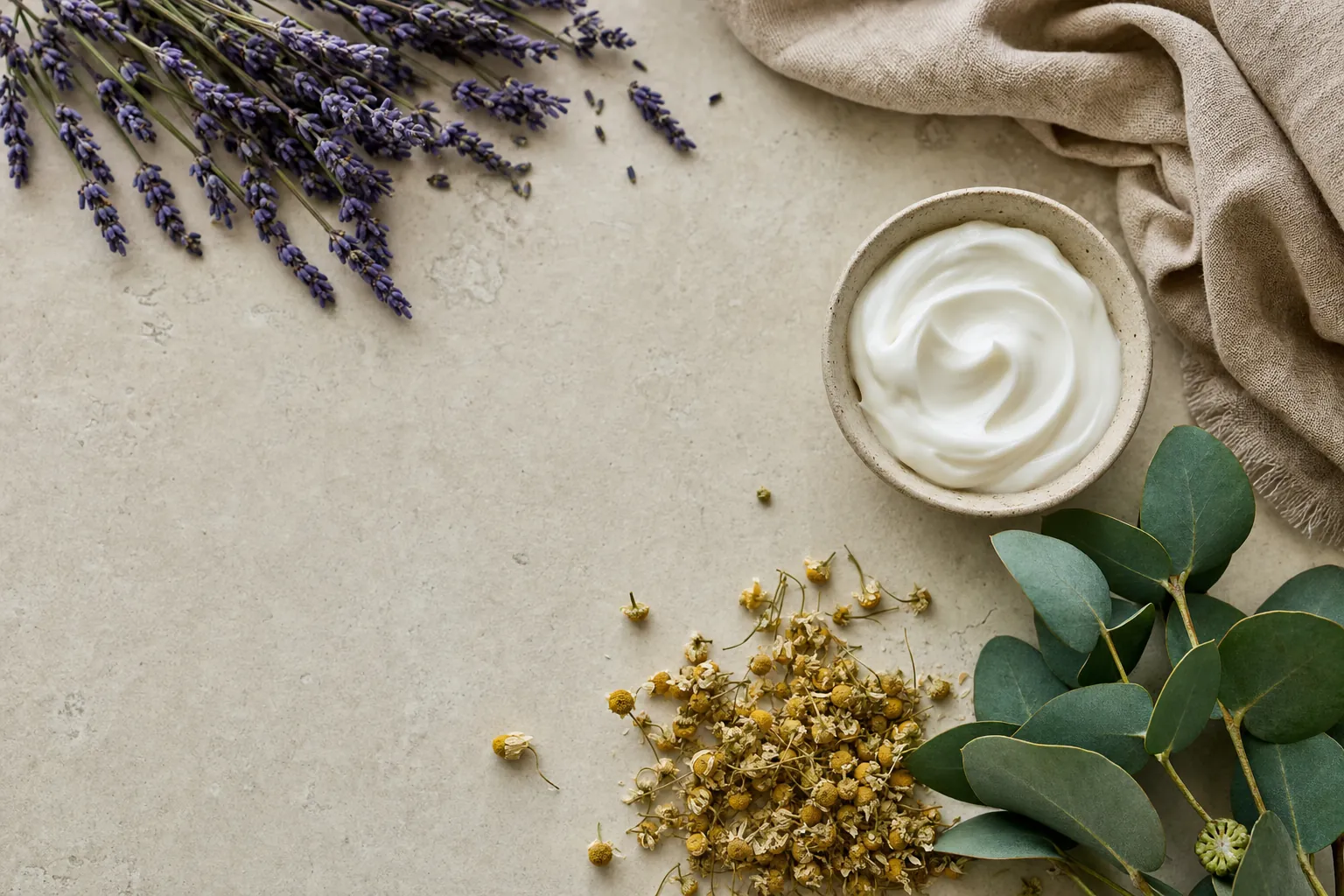 Lavender, eucalyptus, chamomile and a bowl of cream