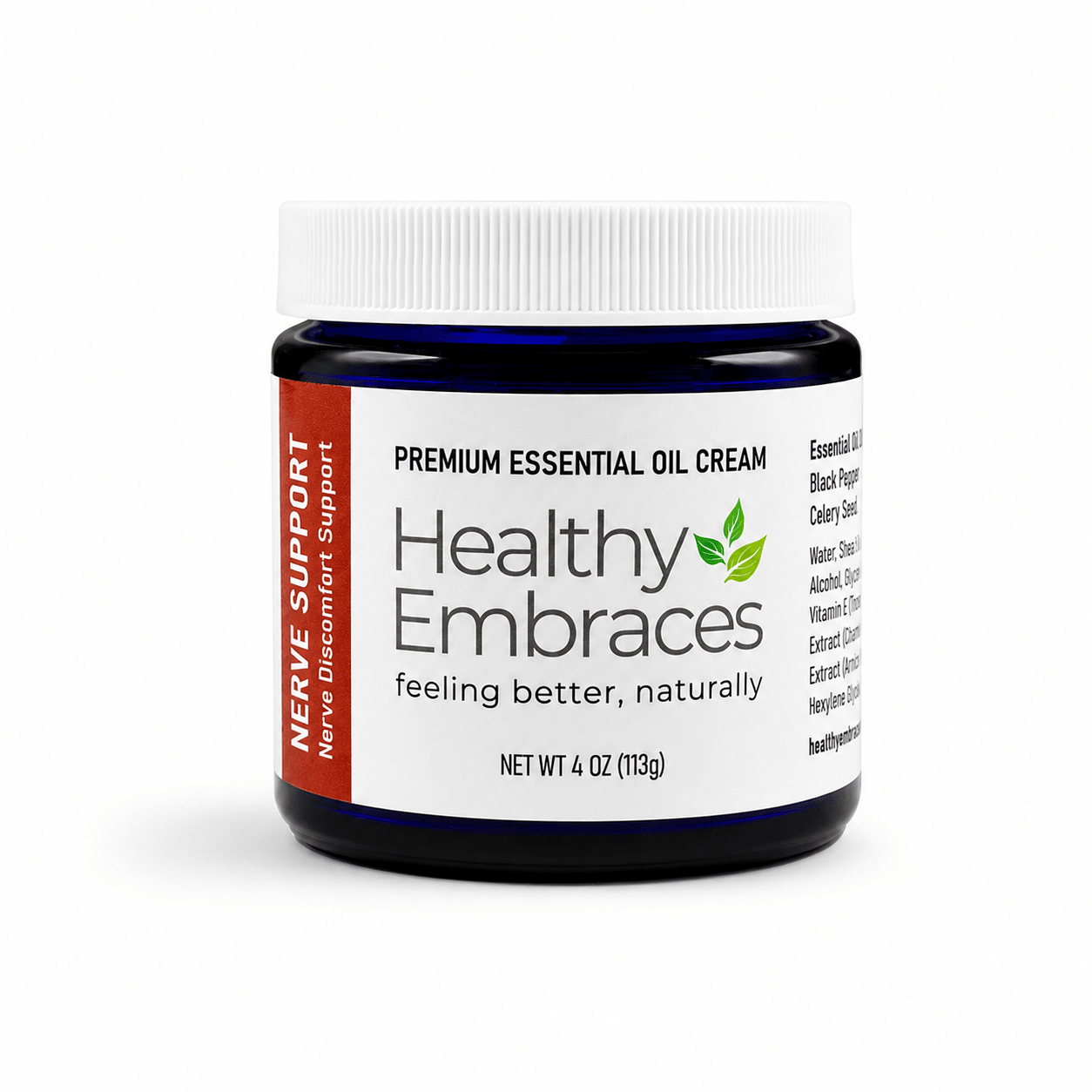 Nerve Support Cream in its cobalt blue glass jar