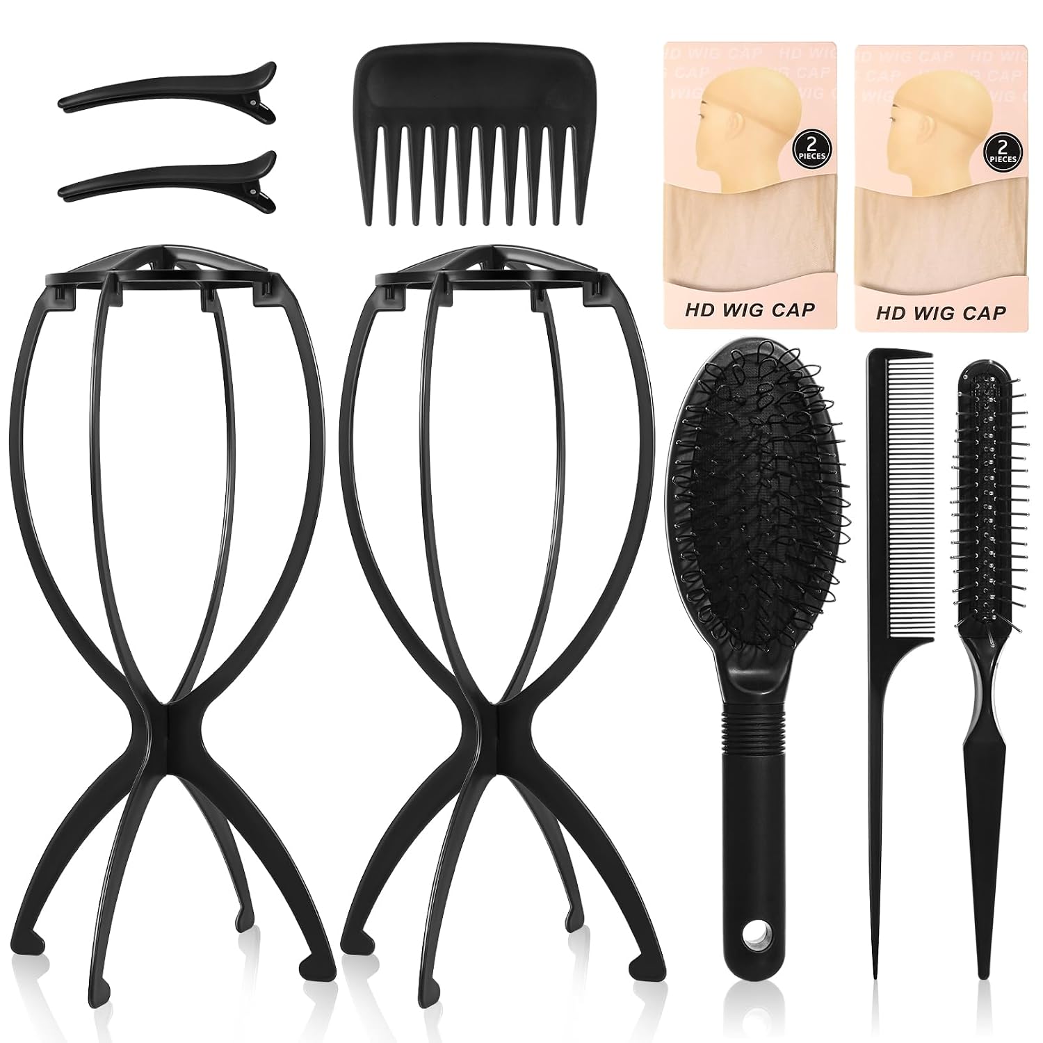 Wig stand with brush and comb for synthetic wig care