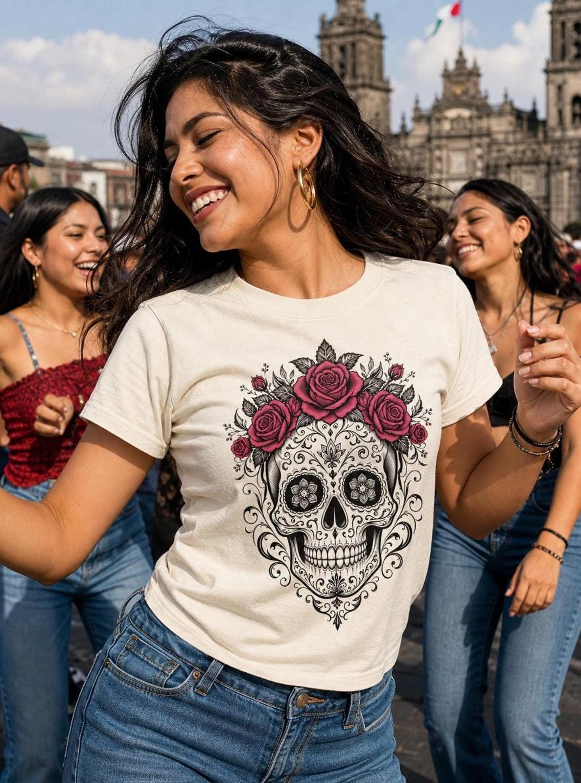 Heavyweight Tee with Sugar Skull and Red Roses