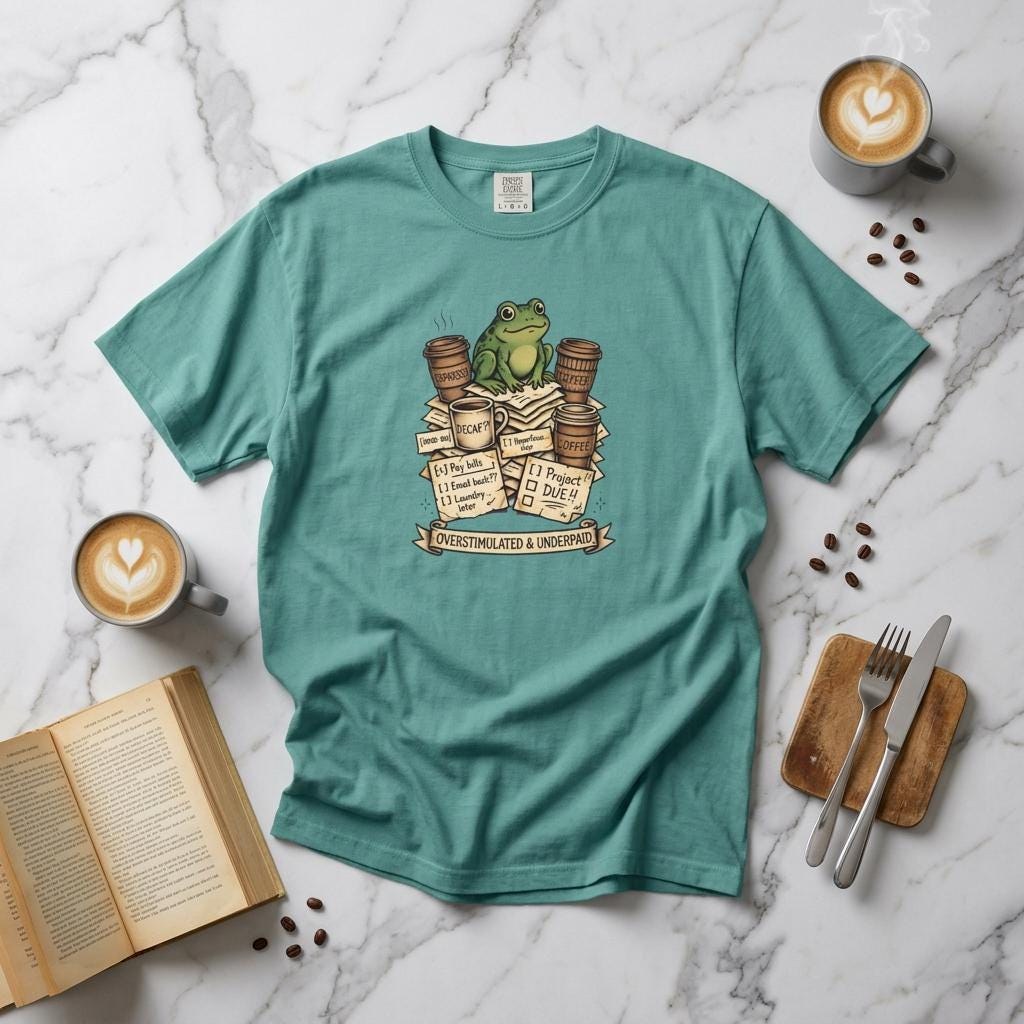 Overstimulated Underpaid Frog / ADHD Shirt Design - Tattoo Flash Frog - Funny Mental Health PNG