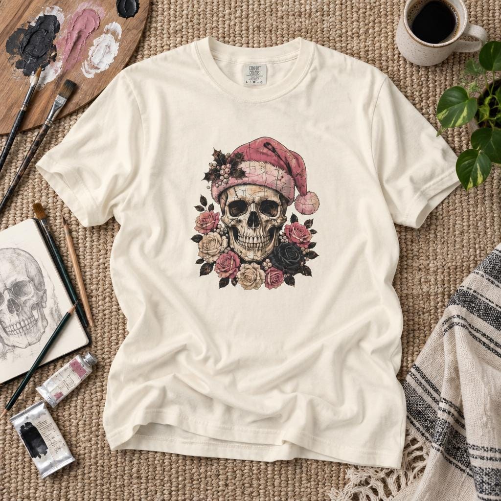 Santa Hat Skull and Roses T-Shirt