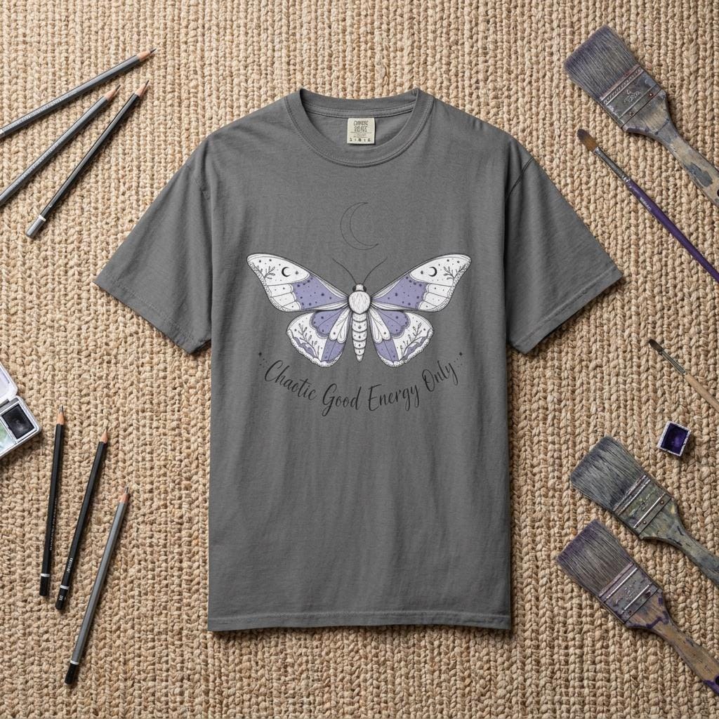 Chaotic Good Energy Only Moth T-shirt | Hand-drawn Purple Moth Tee
