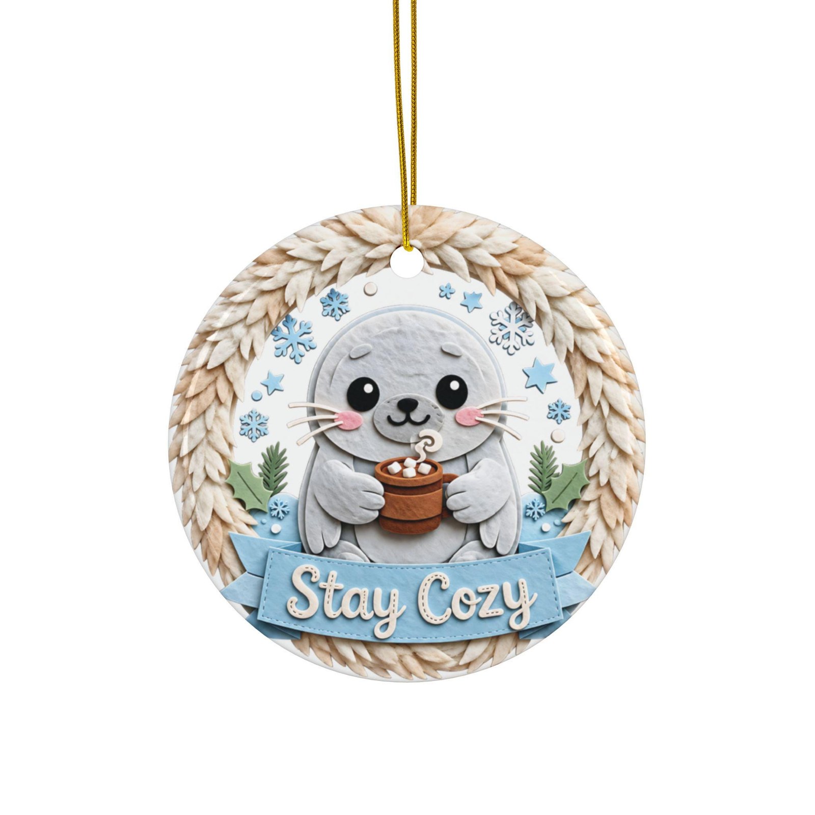 Cute Seal Stay Cozy Winter Design Ceramic Ornament