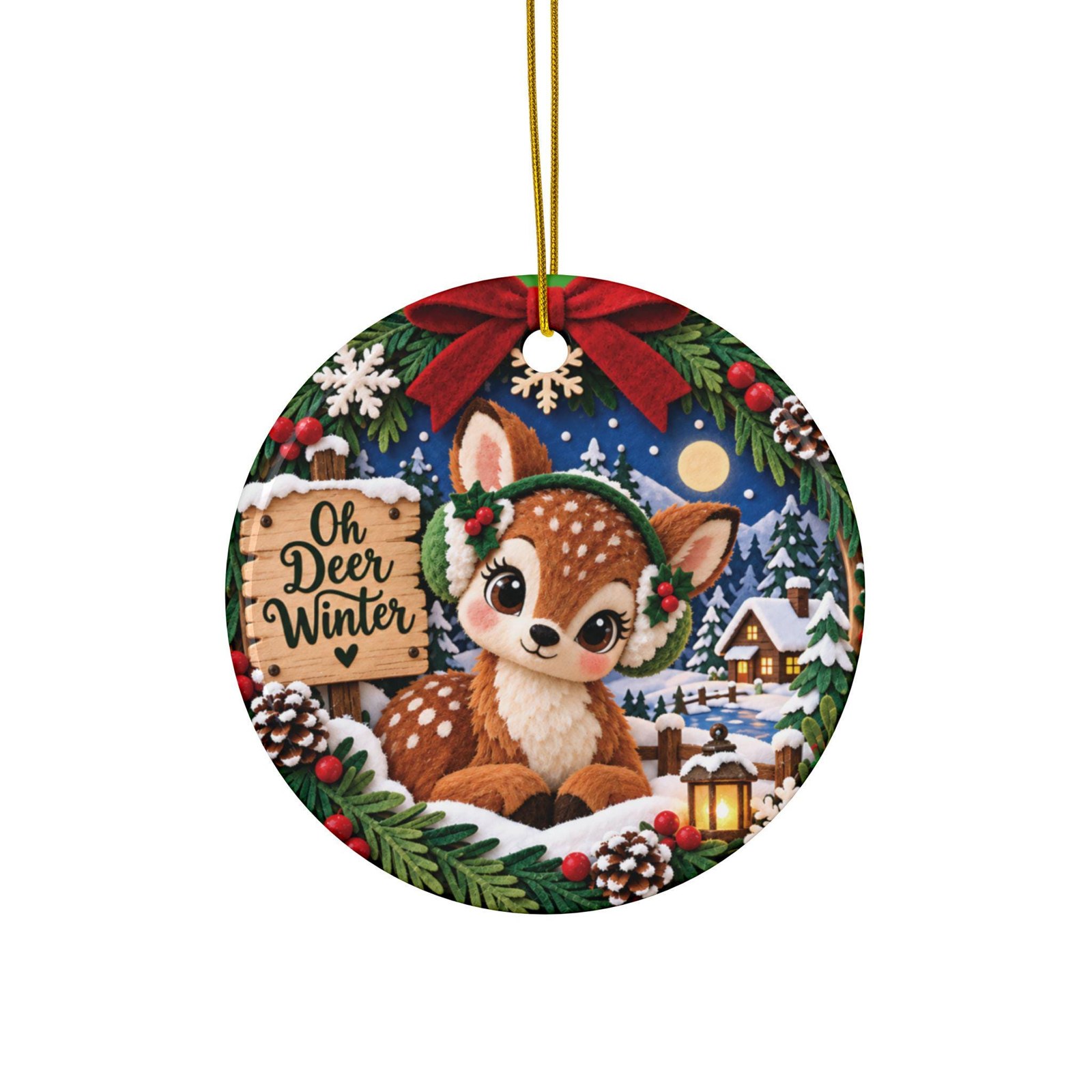 Oh Deer Winter Fawn Snowy Woodland Scene Ceramic Ornament