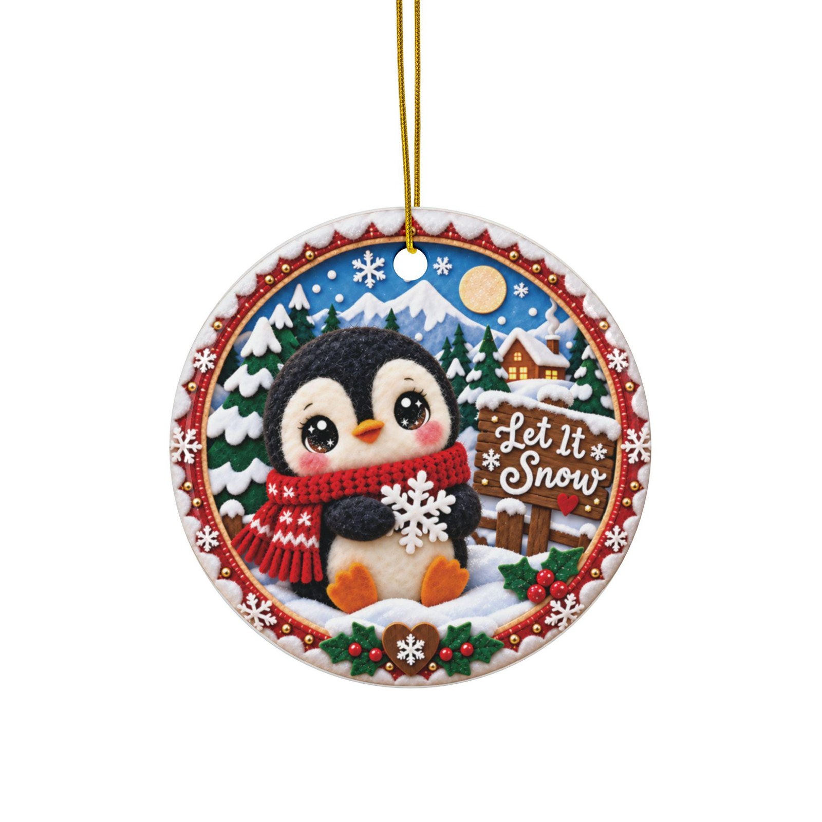 Penguin Let It Snow Winter Scene Ceramic Ornament