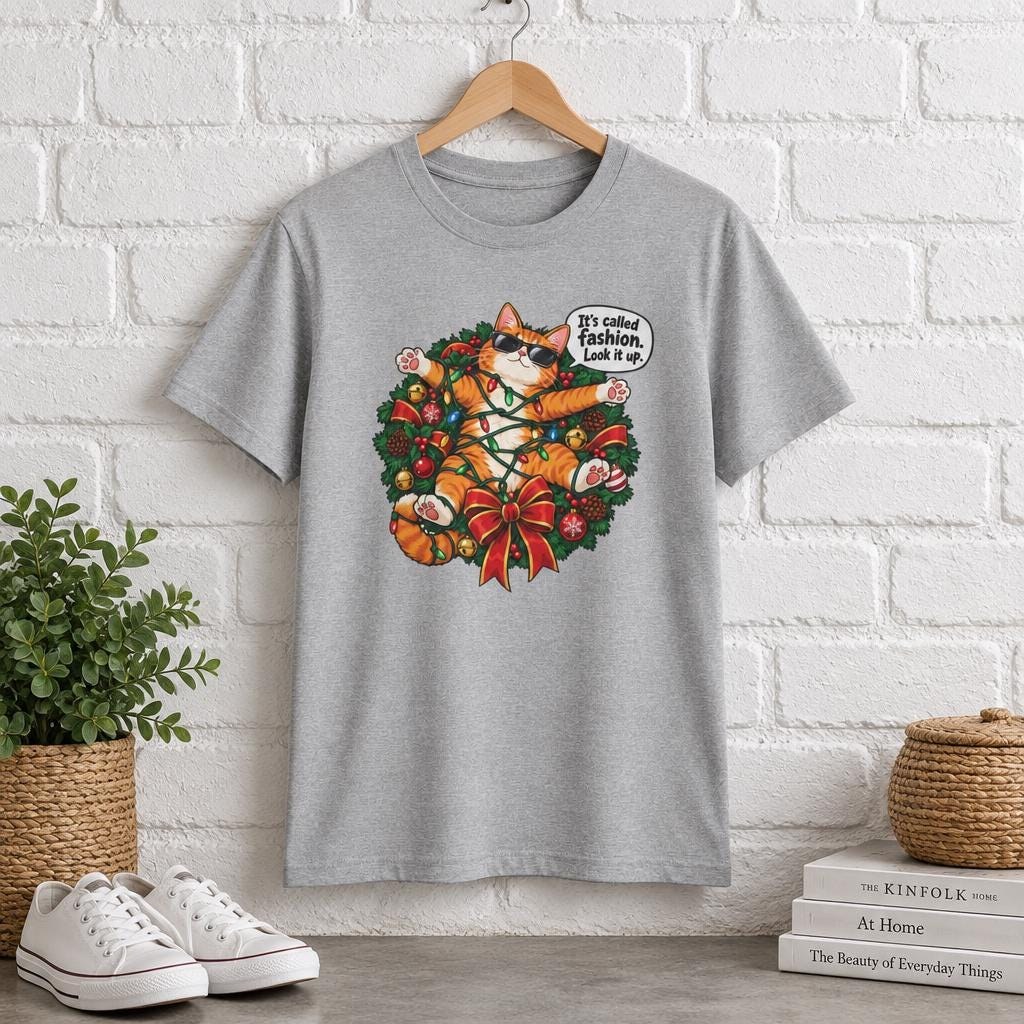 Festive Cat Floral Wreath T-Shirt