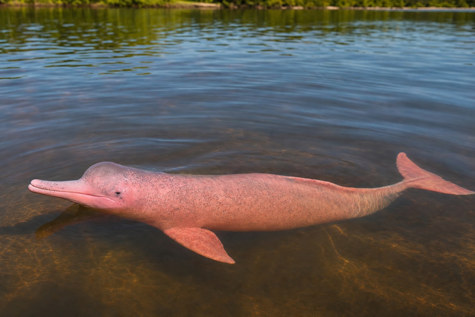 A rosy-pink Amazon river dolphin swimming with its whole body visible