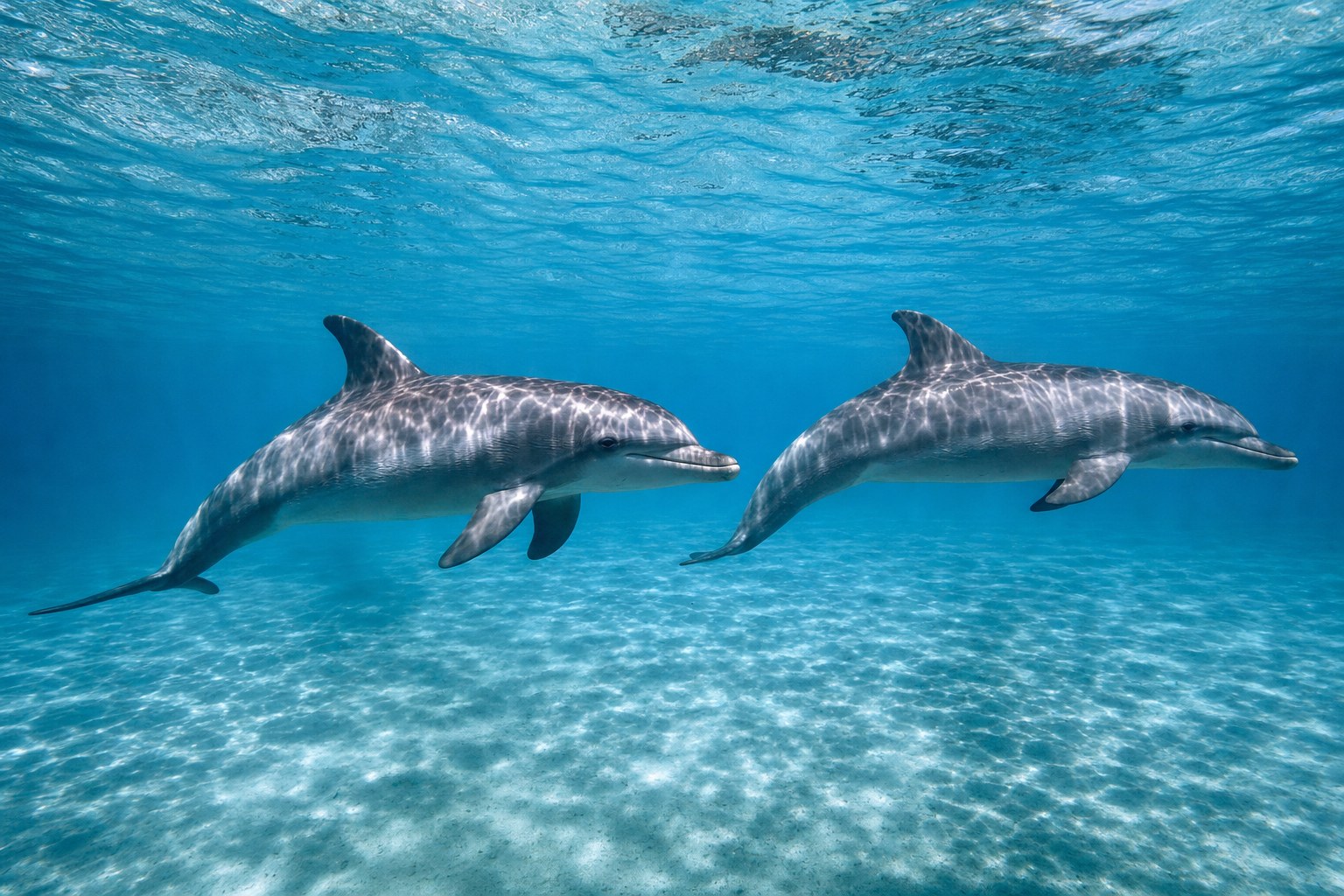 Two dolphins swimming side by side beneath clear ocean water