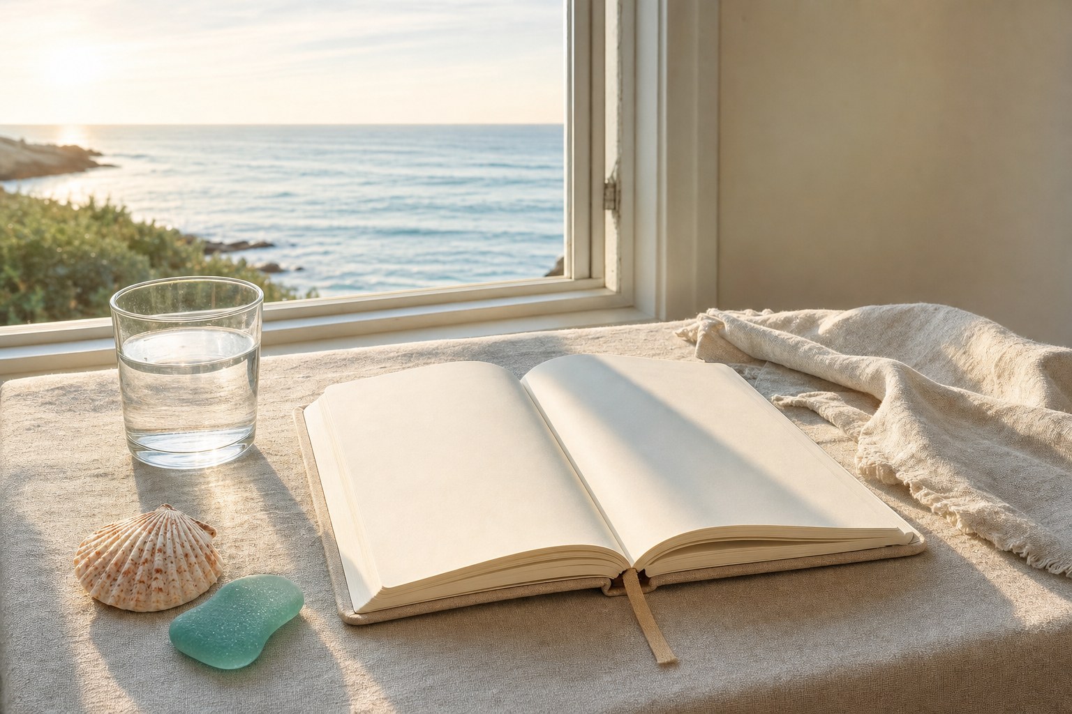 A blank journal, water, sea glass, and a shell beside an ocean-view window