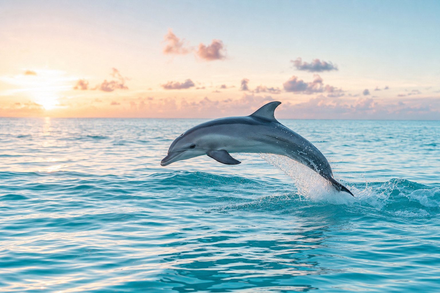 A dolphin leaping from clear ocean water at sunrise