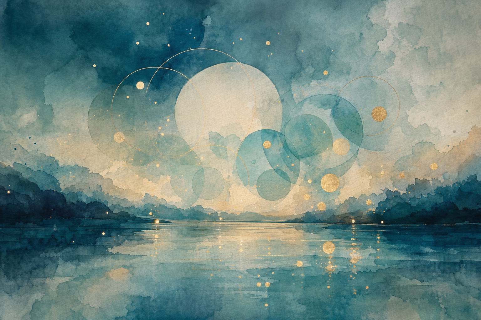 Translucent circles and gold points of light above calm teal water