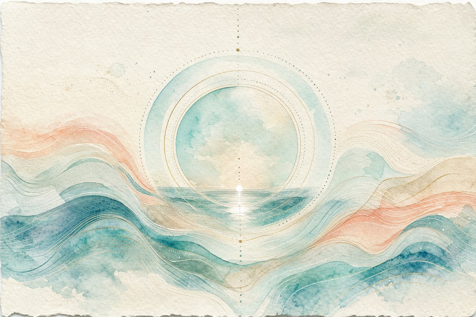 An abstract aqua circle with flowing ocean-blue lines on textured paper