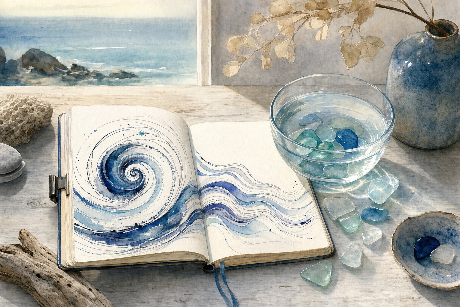 A journal with a hand-drawn spiral beside water and sea glass