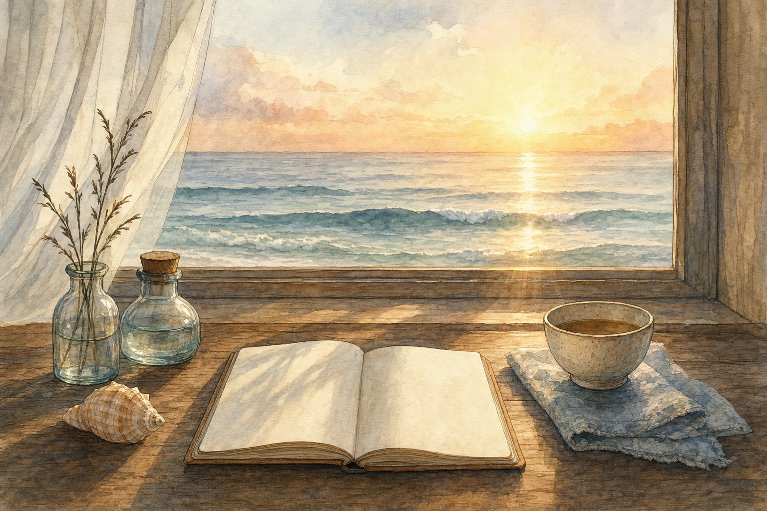 A blank journal, small glass bottle, shell, and tea cup on a table by an ocean window