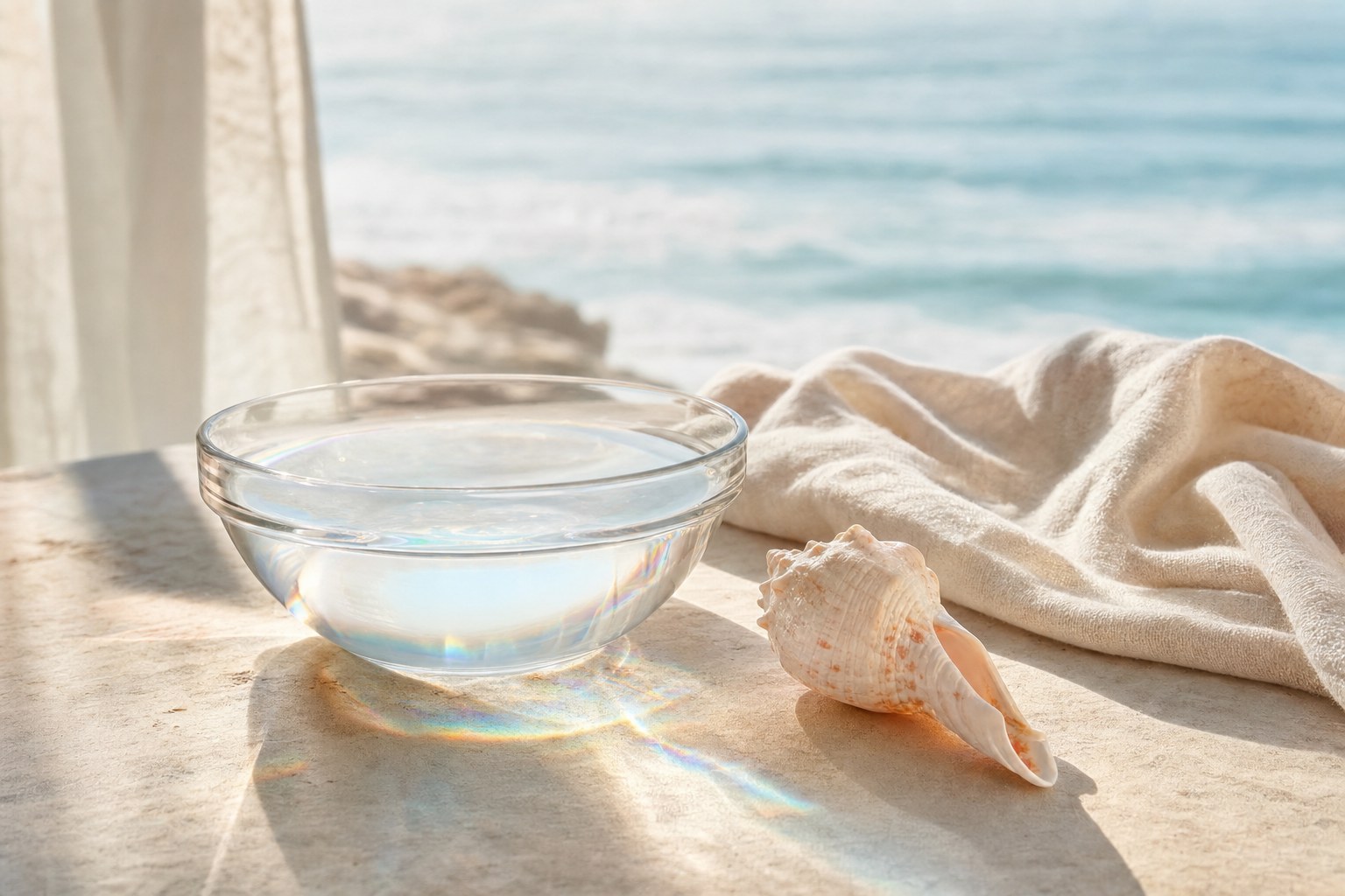 A clear bowl of water catching soft rainbow light beside linen and a seashell