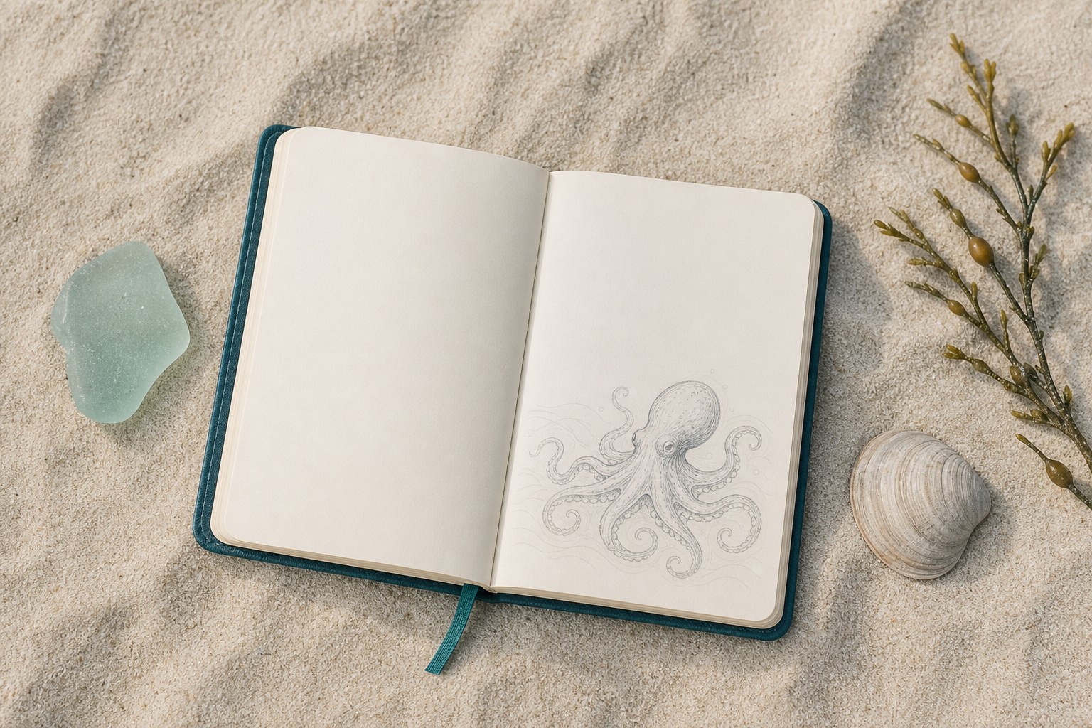 A blank journal with a simple octopus drawing beside sea glass and a shell on beach sand