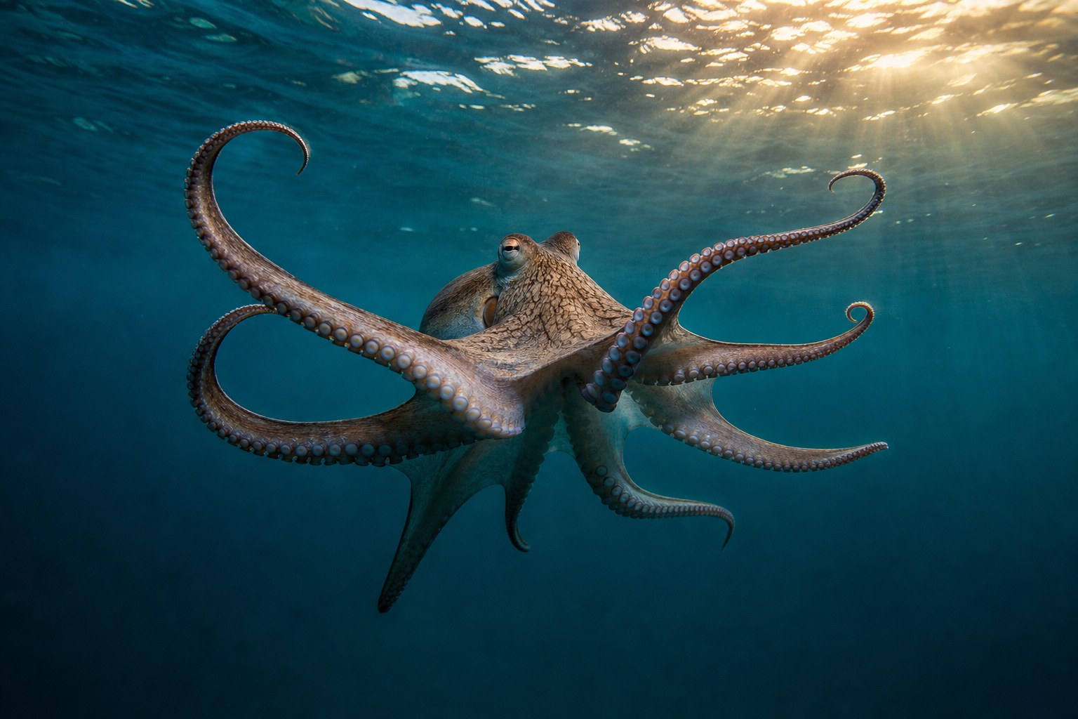 An octopus floating through clear teal water with sunlight filtering from above