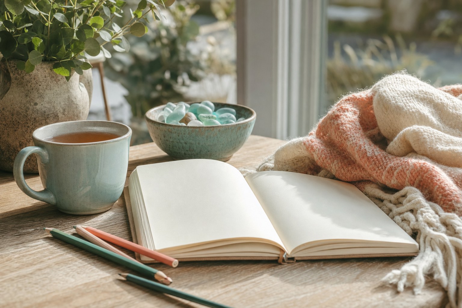 An open blank journal, colored pencils, tea, sea glass, and a soft blanket on a sunlit table