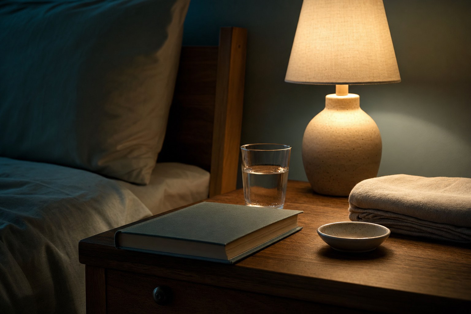 A warm bedroom nightstand with a lamp, water, book, and folded linen