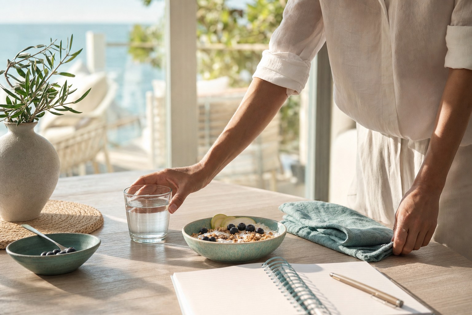A person arranging water, breakfast, a notebook, and folded linen at a sunlit table