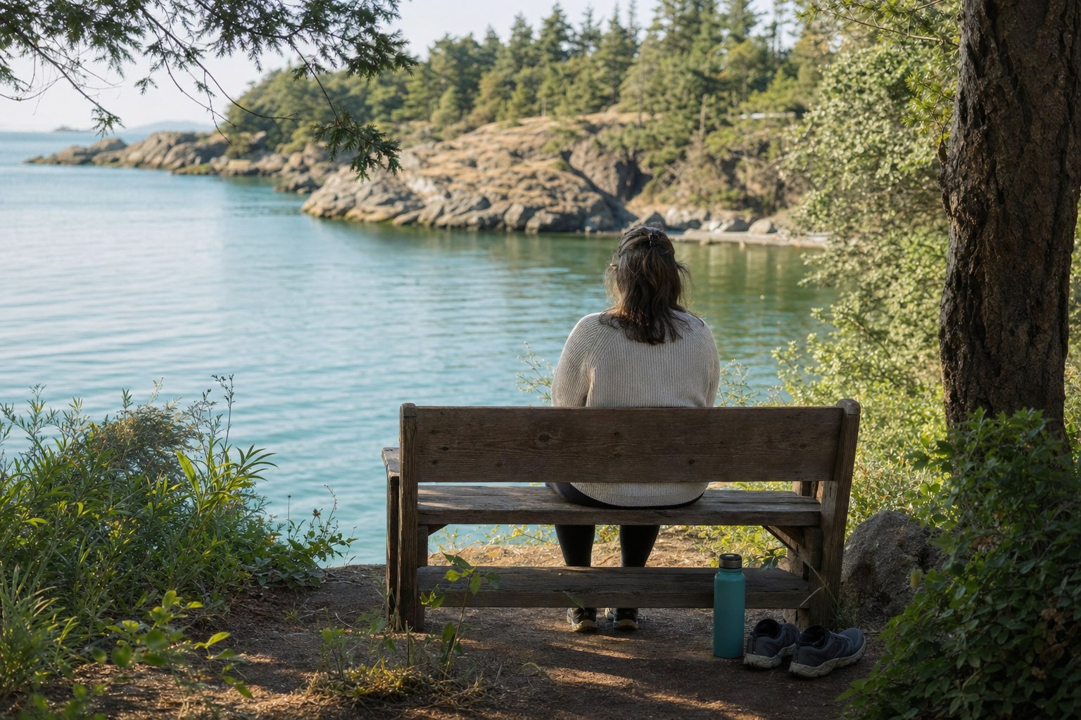 A person seated on a bench beside a calm shoreline with walking shoes and a water bottle