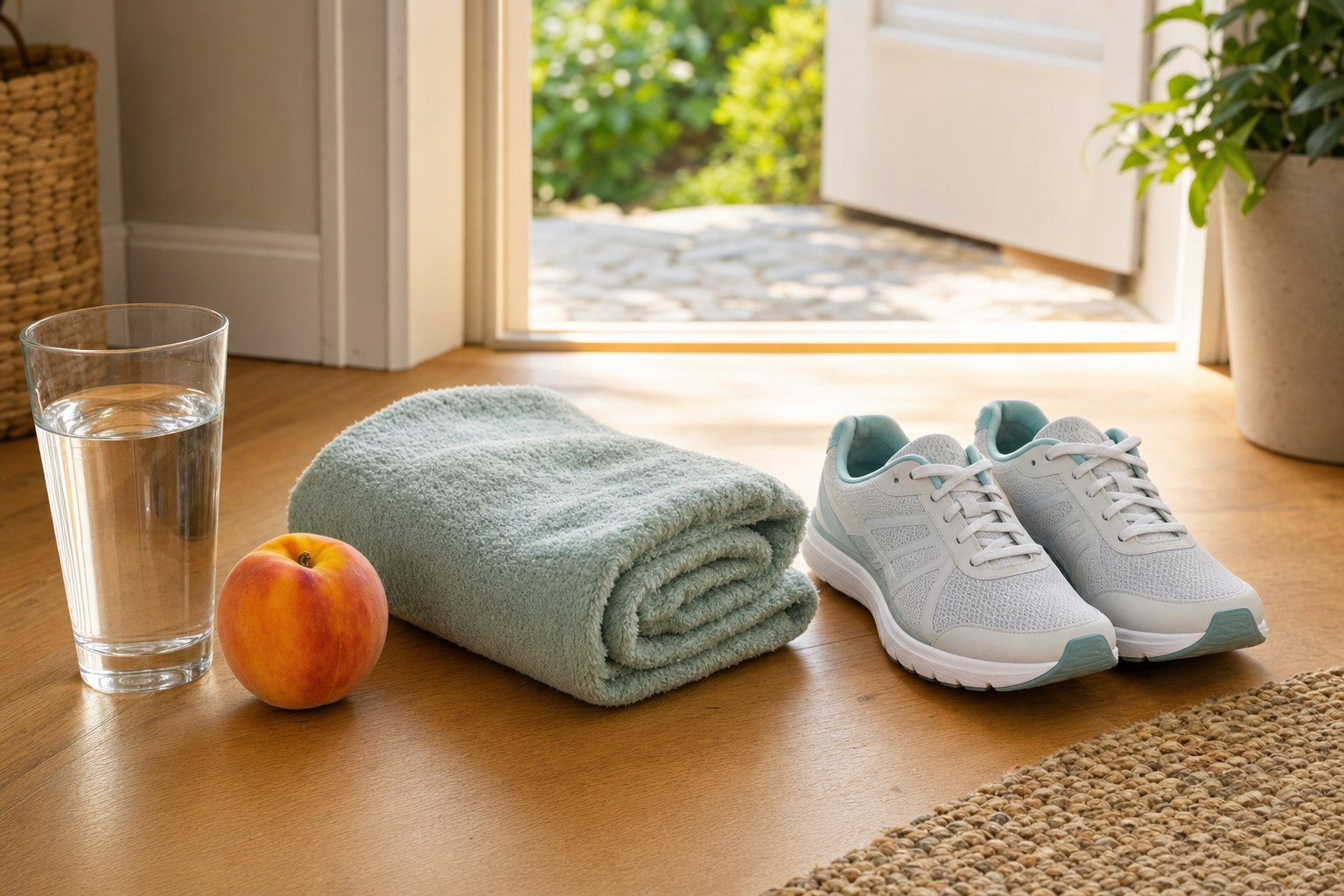 Water, a peach, a folded towel, and walking shoes beside an open door