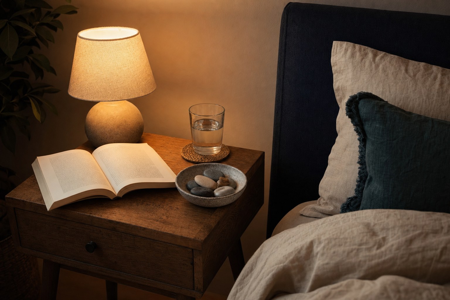 A bedside table with a lit lamp, open book, water, and smooth shoreline stones