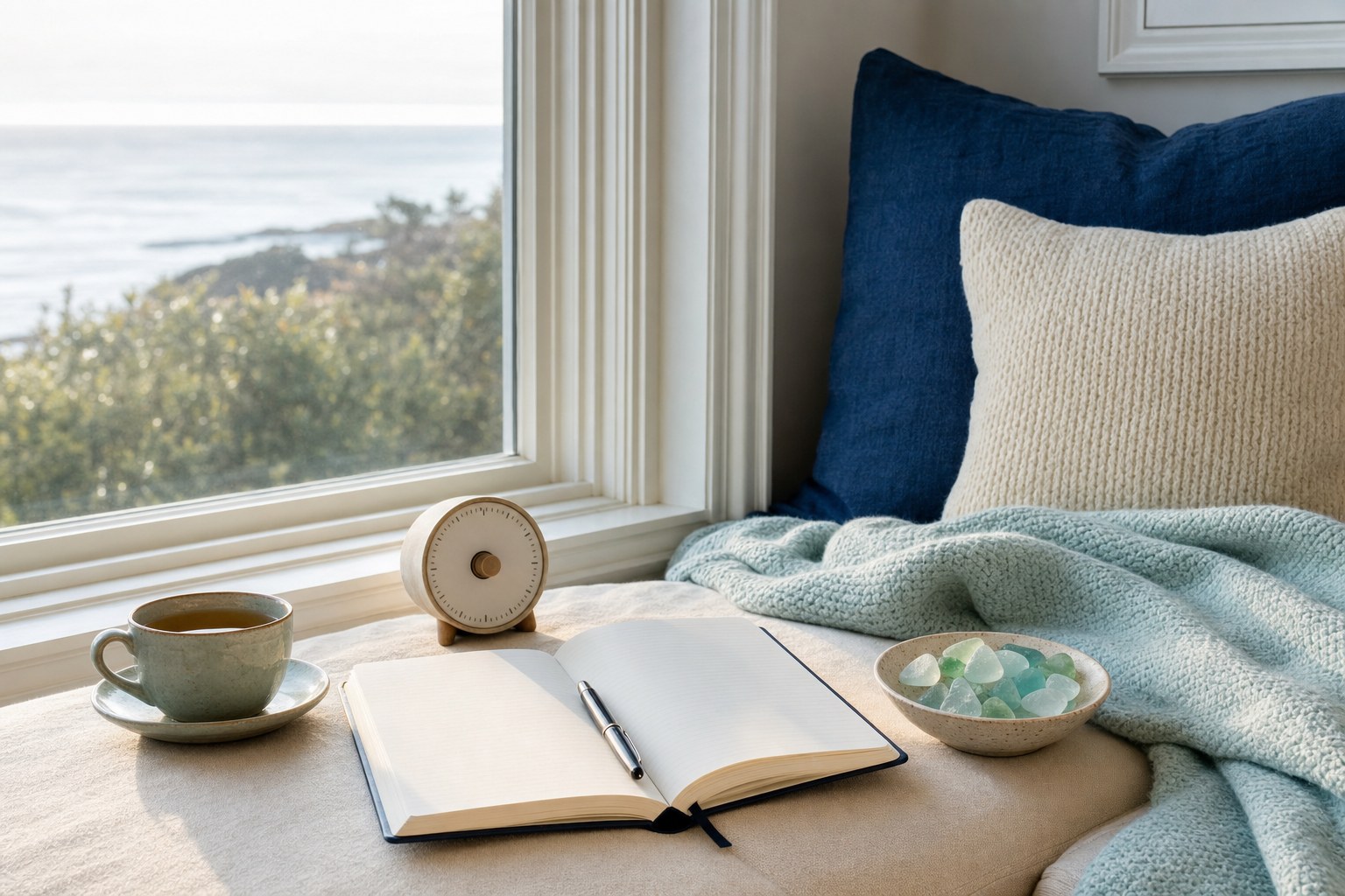 A journal, tea, small timer, sea glass, and a blanket arranged for a quiet pause