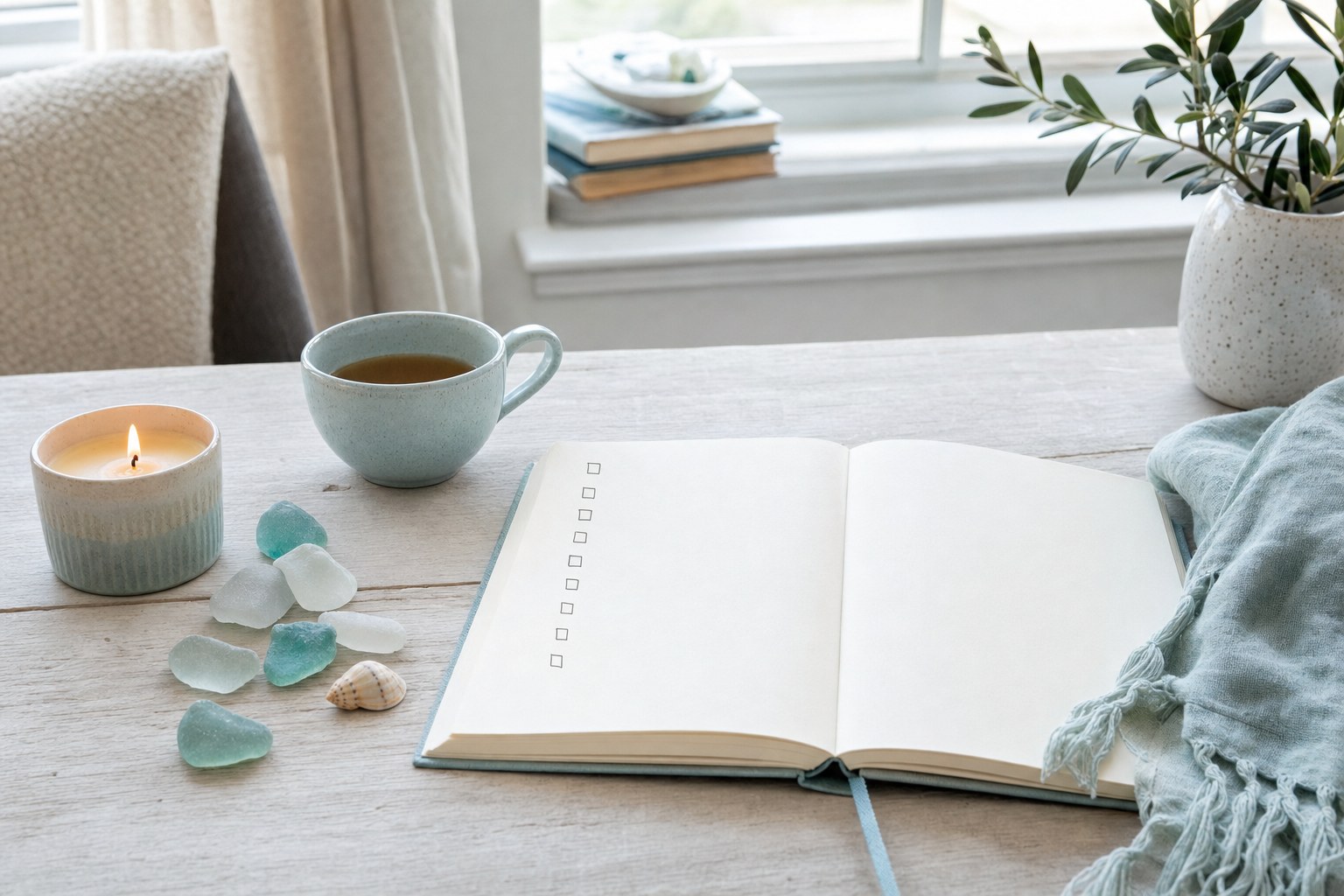 An open checklist journal with tea, a candle, sea glass, and a shell on a sunlit table