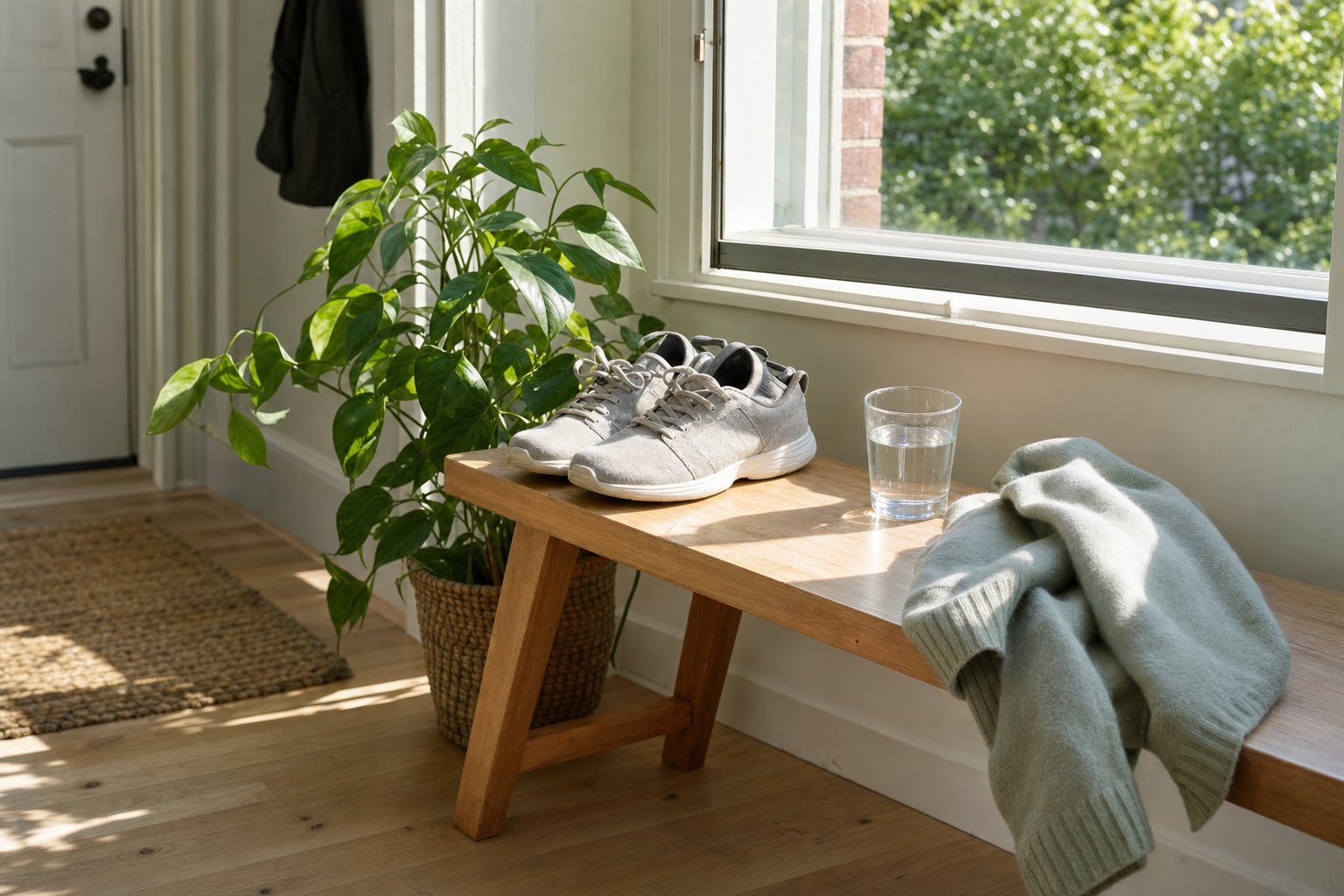 Walking shoes, a glass of water, and a soft sweater on a sunlit bench