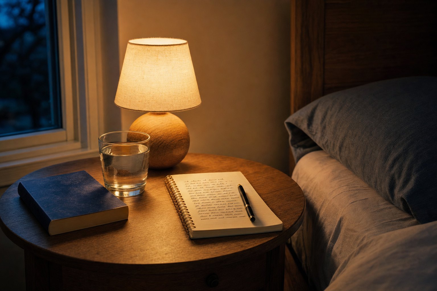 A bedside table with a warm lamp, water, book, and journal at dusk