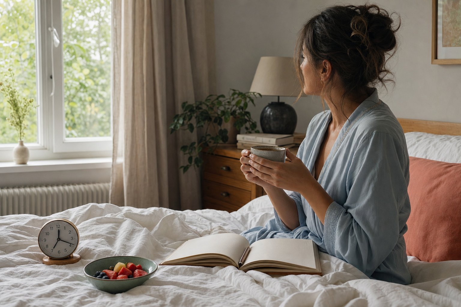 A woman holding tea beside an open journal in a softly lit bedroom