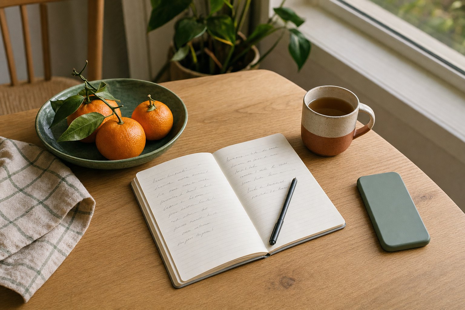 A journal, tea, oranges, and a phone placed aside on a sunlit kitchen table